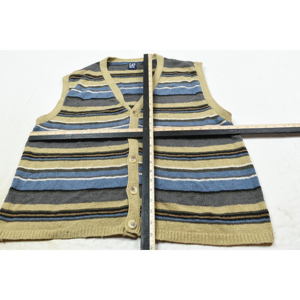 Vintage GAP Sweater Vest Mens Large Beige Blue Striped Silk Cotton Button-Up - Picture 6 of 9
